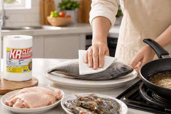 Các Bước Sử Dụng Khăn KRClean Để Chiên Cá Giòn Ngon, Không Văng Dầu